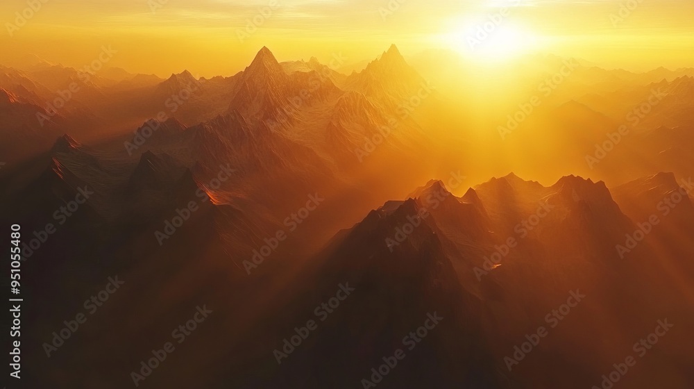 Naklejka premium Golden Hour Majesty: Aerial Sunrise Over Majestic Mountain Range