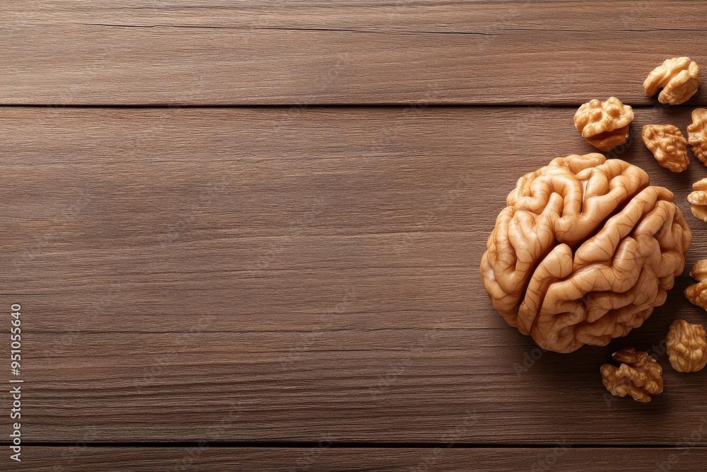 A captivating image depicting a brain and walnuts on a wooden surface, symbolizing nutrition and cognitive health. A captivating image depicting a brain and walnuts on a wooden surface, symbolizing nutrition and cognitive health.