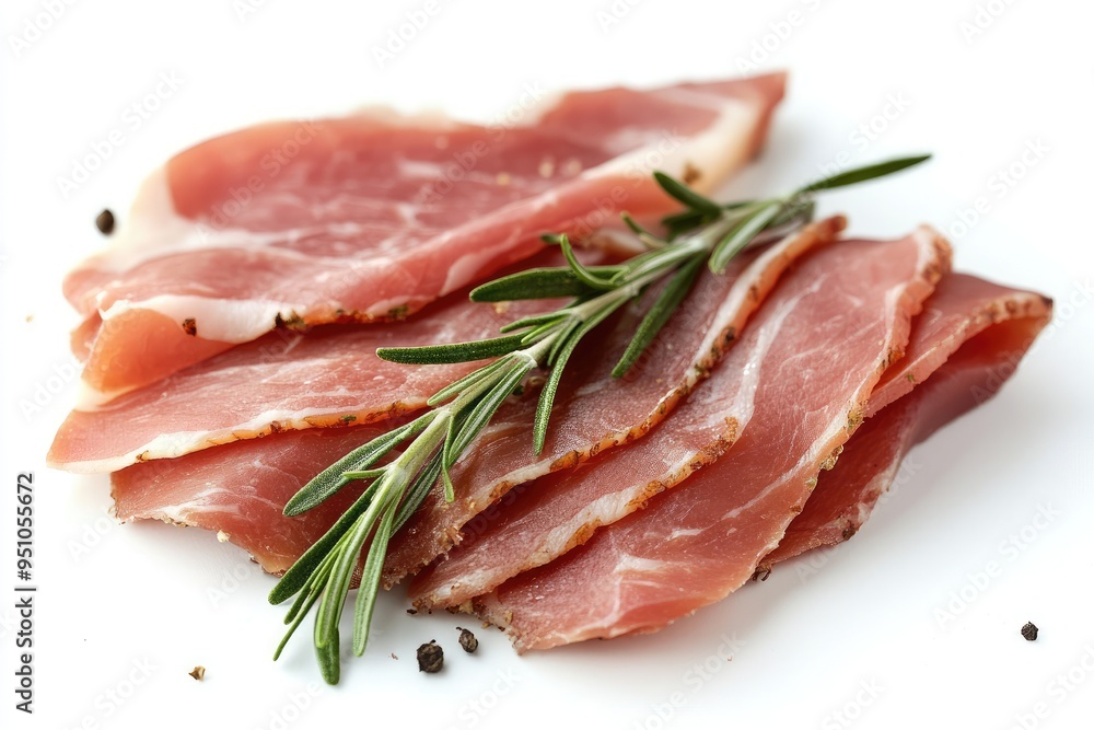 Sliced ham with rosemary and pepper. Perfect for advertising cured meats, appetizers, or gourmet food. Sliced ham with rosemary and pepper. Perfect for advertising cured meats, appetizers, or gourmet food.