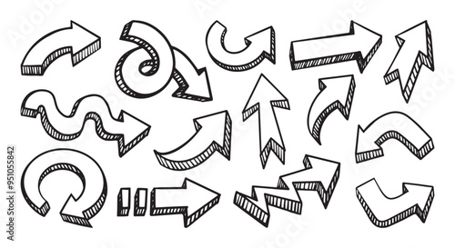 Hand drawn 3D arrows with varied shapes and directions. Vector cartoon illustration