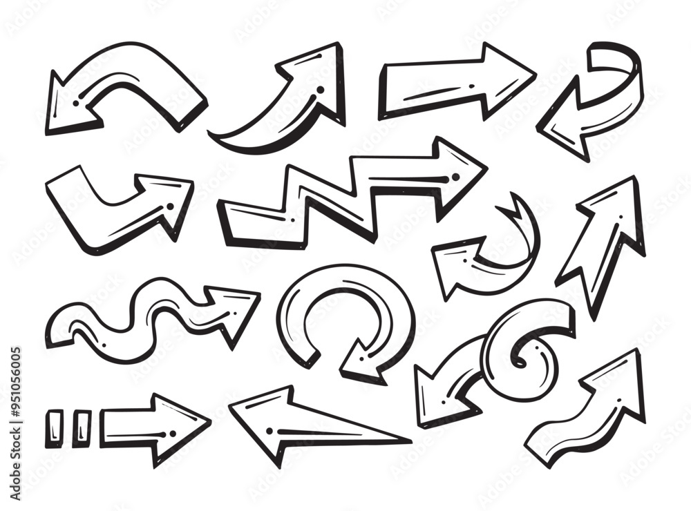 Hand drawn arrows in 3D style with varied shapes and directions. Vector cartoon illustration Hand drawn arrows in 3D style with varied shapes and directions. Vector cartoon illustration