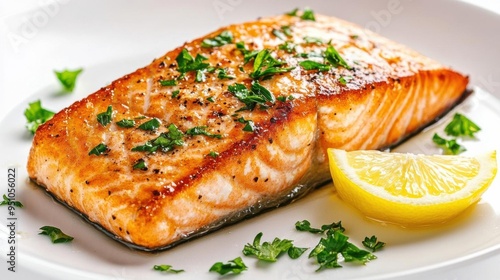 Delicious grilled salmon fillet garnished with herbs and lemon, served on a white plate. Perfect for healthy dining.