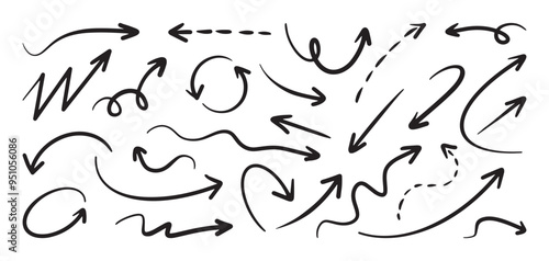 Doodle style arrows with various curvy and straight designs. Vector cartoon illustration