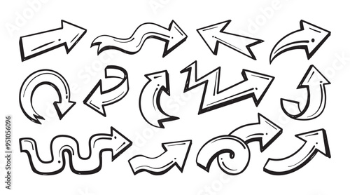 Hand drawn arrows with diverse shapes, including curvy and straight lines. Vector cartoon illustration