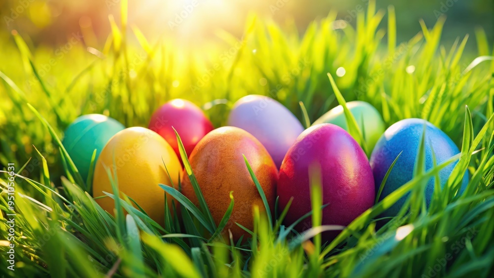 Vibrant Easter eggs nestled in fresh green grass Vibrant Easter eggs nestled in fresh green grass