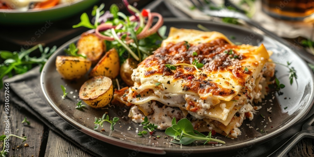 Italian lasagna served with crispy potatoes and a side salad on a rustic wooden table Italian lasagna served with crispy potatoes and a side salad on a rustic wooden table