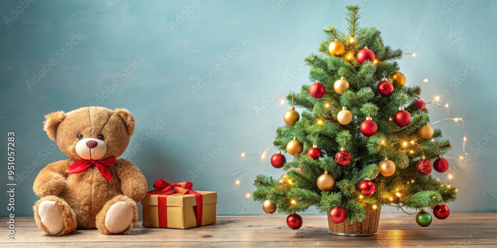 Christmas tree decorated with teddy bear and gift box Christmas tree decorated with teddy bear and gift box