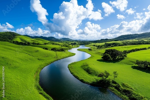 Serene, atmospheric watercolor landscape of a peaceful countryside with rolling hills and a winding river, photorealistic, idyllic, rural, scenic, tranquility, nature's beauty :: country cottages,