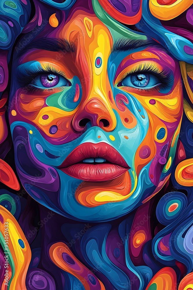 A close-up portrait of a woman with vibrant, abstract makeup. The colors are bold and dynamic, creating a sense of energy and excitement. A close-up portrait of a woman with vibrant, abstract makeup. The colors are bold and dynamic, creating a sense of energy and excitement.