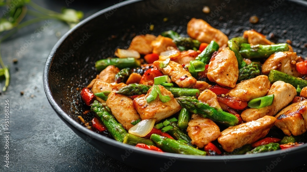 Stir-fried chicken and asparagus in a pan. Perfect for a quick and healthy meal. Stir-fried chicken and asparagus in a pan. Perfect for a quick and healthy meal.