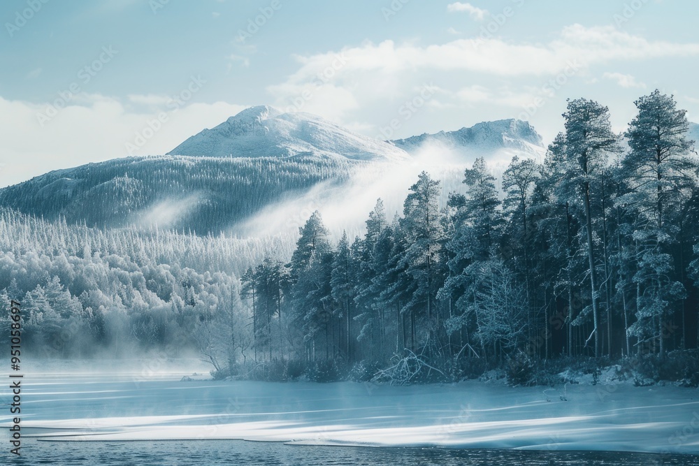 A serene winter landscape with a frozen lake surrounded by trees covered in snow, perfect for use in calendars, postcards or as a peaceful background A serene winter landscape with a frozen lake surrounded by trees covered in snow, perfect for use in calendars, postcards or as a peaceful background