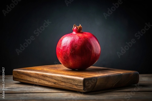 Worm's Eye View of pomegranate on wooden cutting board, minimalistic still life photo