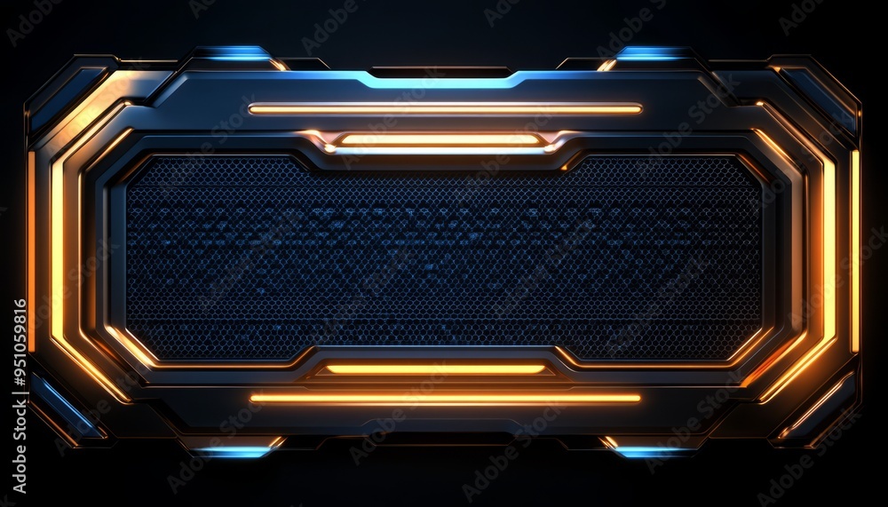 Futuristic Metallic Panel with Orange and Blue Glowing Lines Futuristic Metallic Panel with Orange and Blue Glowing Lines