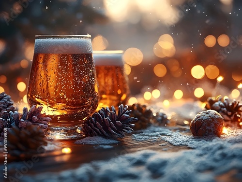 Two glasses of beer with a frosty wintery background and warm bokeh lights. Perfect for a cozy winter night.