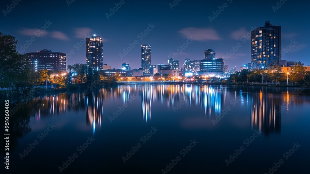 Naklejka premium ## Mesmerizing City Skyline Reflections at Night: Long Exposure Photography