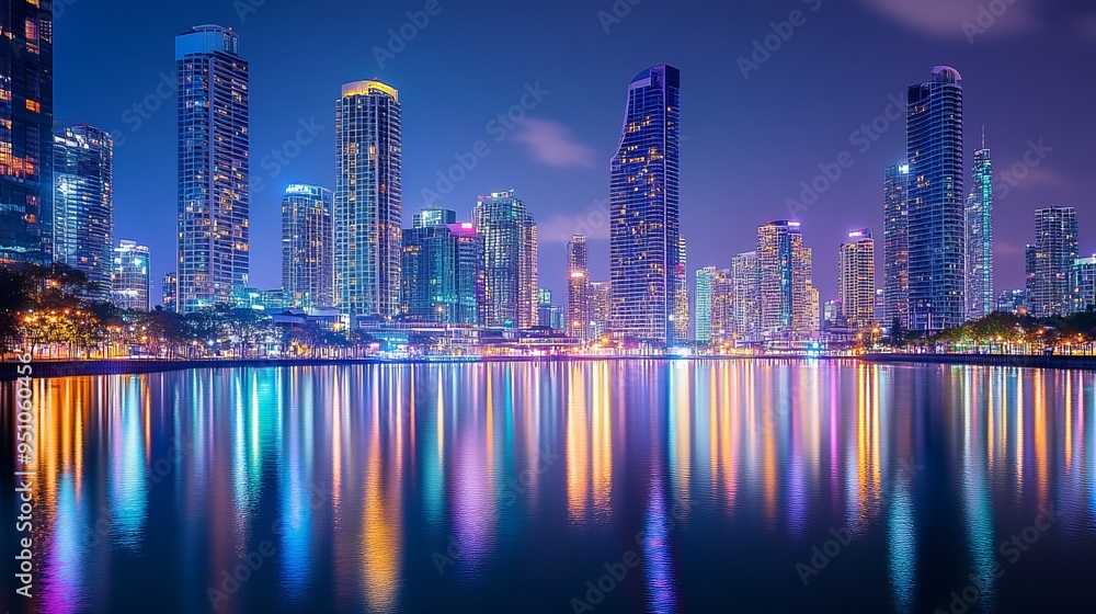 Fototapeta premium Captivating City Lights: Nighttime Skyline Reflection on Calm River