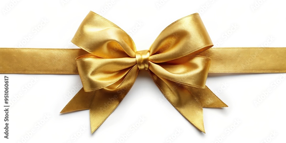 Top view of a gold bow tied with silk ribbon on a white background Top view of a gold bow tied with silk ribbon on a white background