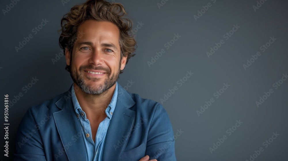 Obraz premium Happy young smiling confident professional business man wearing blue shirt, pretty stylish male executive looking at camera, standing arms crossed at grey background concept.