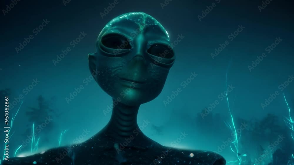 Alien looking around with turquoise background Alien looking around with turquoise background