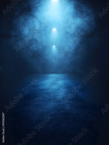 A dark blue, smoky setting with bright white spotlights cutting through the darkness.