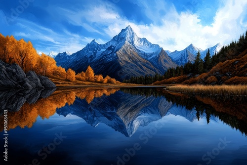 Watercolor depiction of a serene mountain range reflecting in a calm lake, high-quality, serene beauty, majestic landscapes