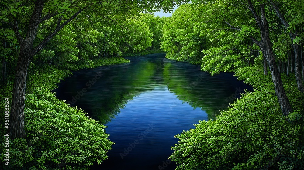 Watercolor depiction of a tranquil river winding through a lush forest, high-quality, serene beauty, nature's embrace Watercolor depiction of a tranquil river winding through a lush forest, high-quality, serene beauty, nature's embrace