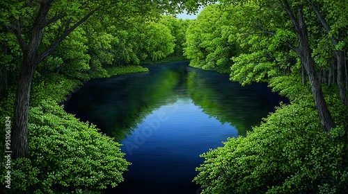 Watercolor depiction of a tranquil river winding through a lush forest, high-quality, serene beauty, nature's embrace