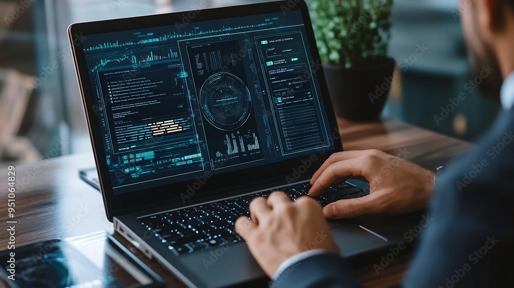 Man Working on Laptop with Data and Graphs Displayed Man Working on Laptop with Data and Graphs Displayed