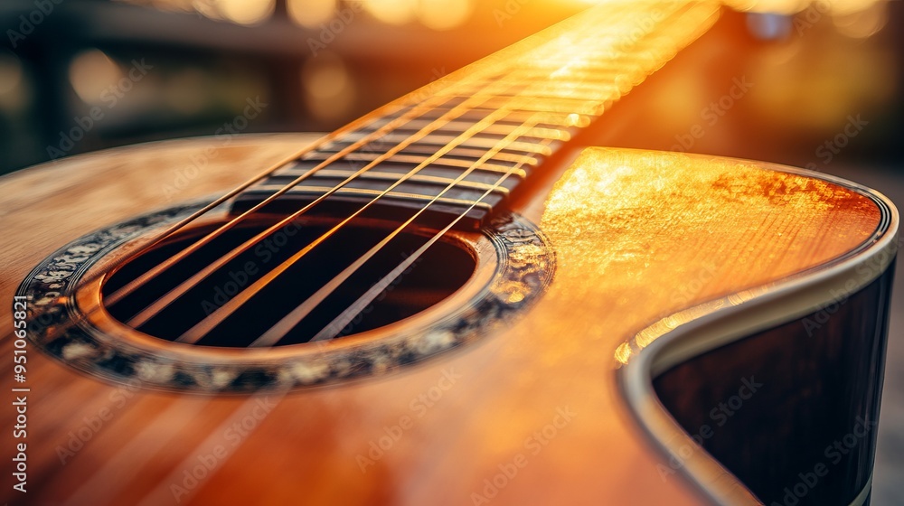 Fototapeta premium ## Guitar Strings Glowing in Natural Light: A Close-Up View
