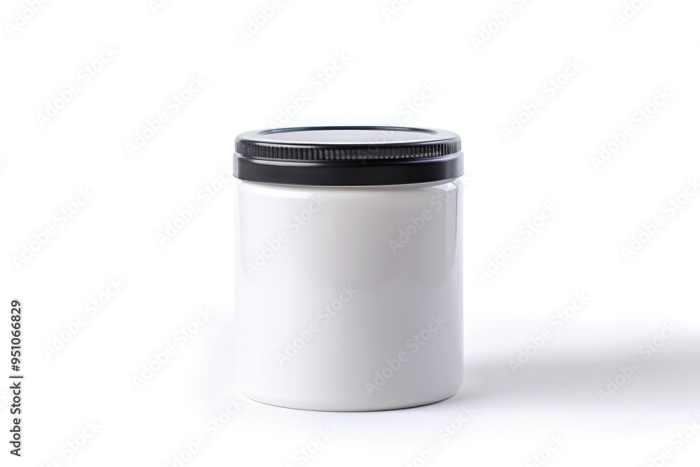 A white jar with a black lid sits on a clean white surface, perfect for adding a touch of simplicity to your design A white jar with a black lid sits on a clean white surface, perfect for adding a touch of simplicity to your design