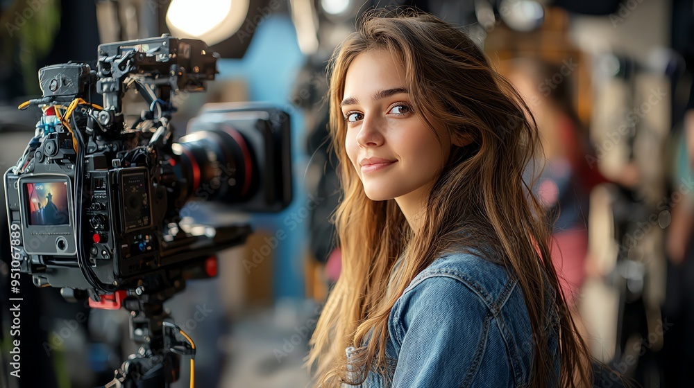 Girl as a director, filming on set, behindthescenes perspective Girl as a director, filming on set, behindthescenes perspective