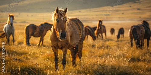 Przewalski s Horse Equus przewalskii Grazing Steppe Horses in the Meadow photo