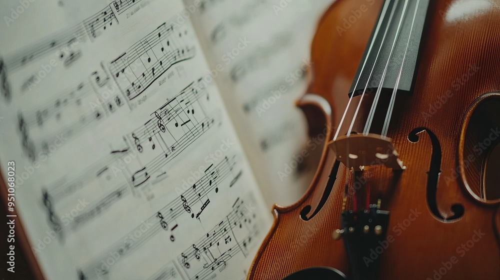 Violin Strings and Sheet Music: A Close-Up View Violin Strings and Sheet Music: A Close-Up View