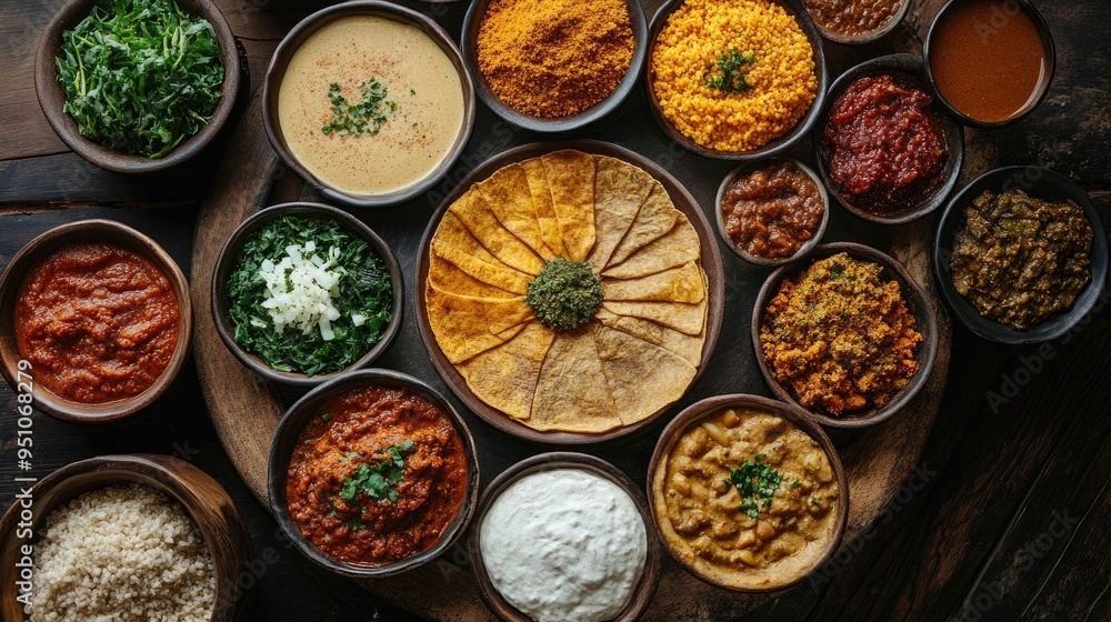 A selection of traditional Ethiopian injera with various stews and sides. A selection of traditional Ethiopian injera with various stews and sides.