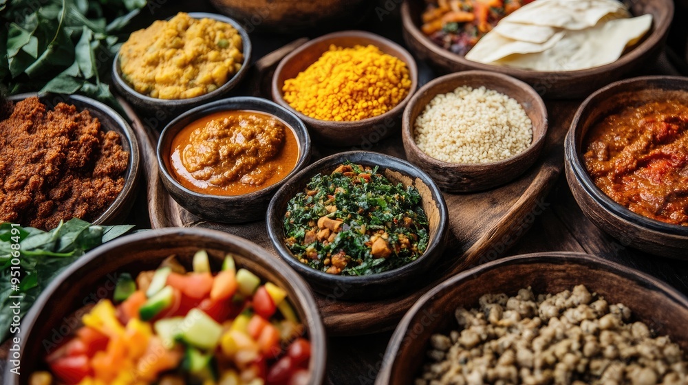 A selection of traditional Ethiopian injera with various stews and sides. A selection of traditional Ethiopian injera with various stews and sides.