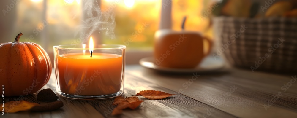 A cozy autumn scene featuring a glowing candle, pumpkins, and autumn leaves, perfect for seasonal ambiance and decoration. A cozy autumn scene featuring a glowing candle, pumpkins, and autumn leaves, perfect for seasonal ambiance and decoration.