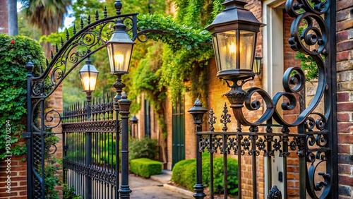 Elegant wrought iron alley gate with decorative leaves and rosettes topped by gas lamp in Charleston South Carolina USA photo