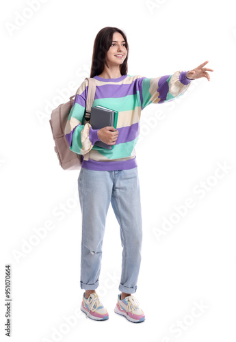 Cute teenage girl with backpack and books on white background