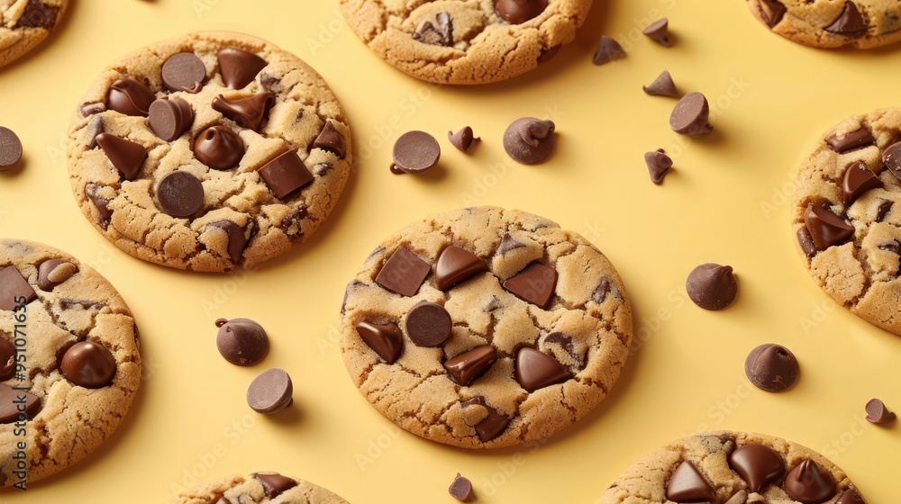a close up of chocolate chip cookies on a yellow background a close up of chocolate chip cookies on a yellow background