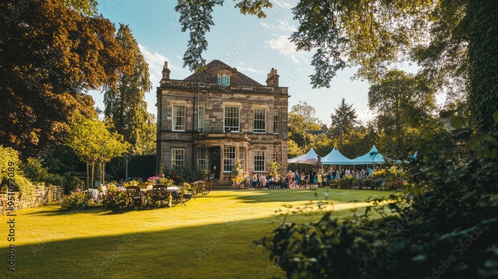 Elegant historic mansion with lush garden and event tents Elegant historic mansion with lush garden and event tents