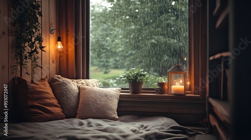 Warm cozy nook by large window during rain soft vintage lighting rustic tones