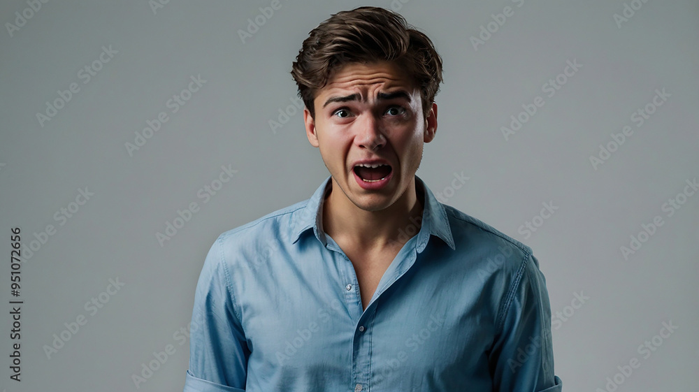 Obraz premium A young man is crying out in overwhelming sorrow. His face shows pure agony, mouth wide open, and his hands clutching his head in despai