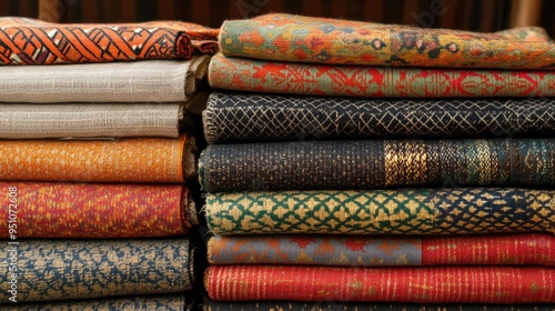 A stack of handwoven Bhutanese fabrics, showcasing the intricate patterns and vibrant colors used in traditional clothing. photo