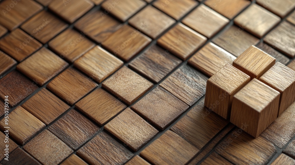 Wooden puzzle pieces assembled on textured wooden surface Wooden puzzle pieces assembled on textured wooden surface