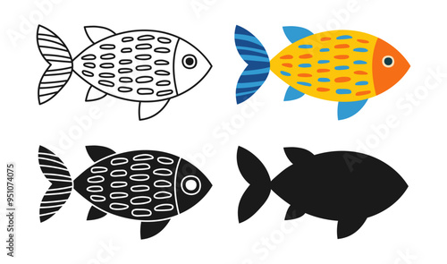 Aquarium fantasy fish linear icon, abstract cartoon symbol set. Exotic childish sea drawn fish with hand drawn doodle ornament. Sign ocean fishes silhouette shape or doodle art. Vector illustration