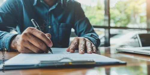 Individual completing a loan or lease application for acquiring a luxury vehicle at a dealership, alongside insurance or financial documents in the seller's office, finalizing a policy or financing