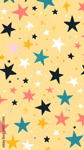 Colorful Stars on Yellow Background, Abstract Image, Texture, Pattern, Wallpaper, Cover and Screen for Smartphone, PC, Laptop, 9:16 and 16:9 Format