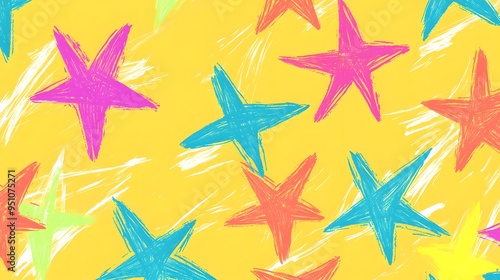 Colorful Stars on Yellow Background, Abstract Image, Texture, Pattern, Wallpaper, Cover and Screen for Smartphone, PC, Laptop, 9:16 and 16:9 Format