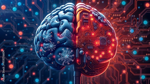 An artistic representation of a brain that’s half human and half machine, with one side showing natural neurons and the other showing circuit boards and robotic components  photo