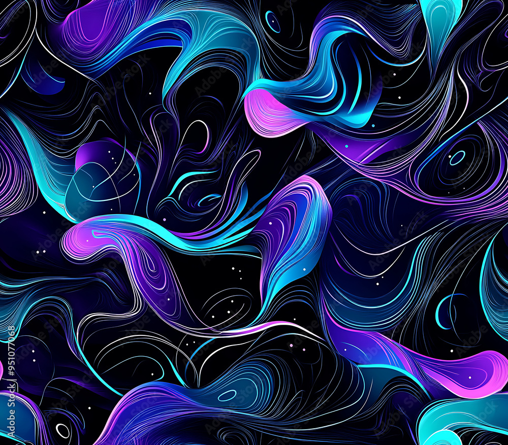 1. Abstract pattern with swirling lines and organic shapes in a mix of vibrant blues and purples on a black background 1. Abstract pattern with swirling lines and organic shapes in a mix of vibrant blues and purples on a black background